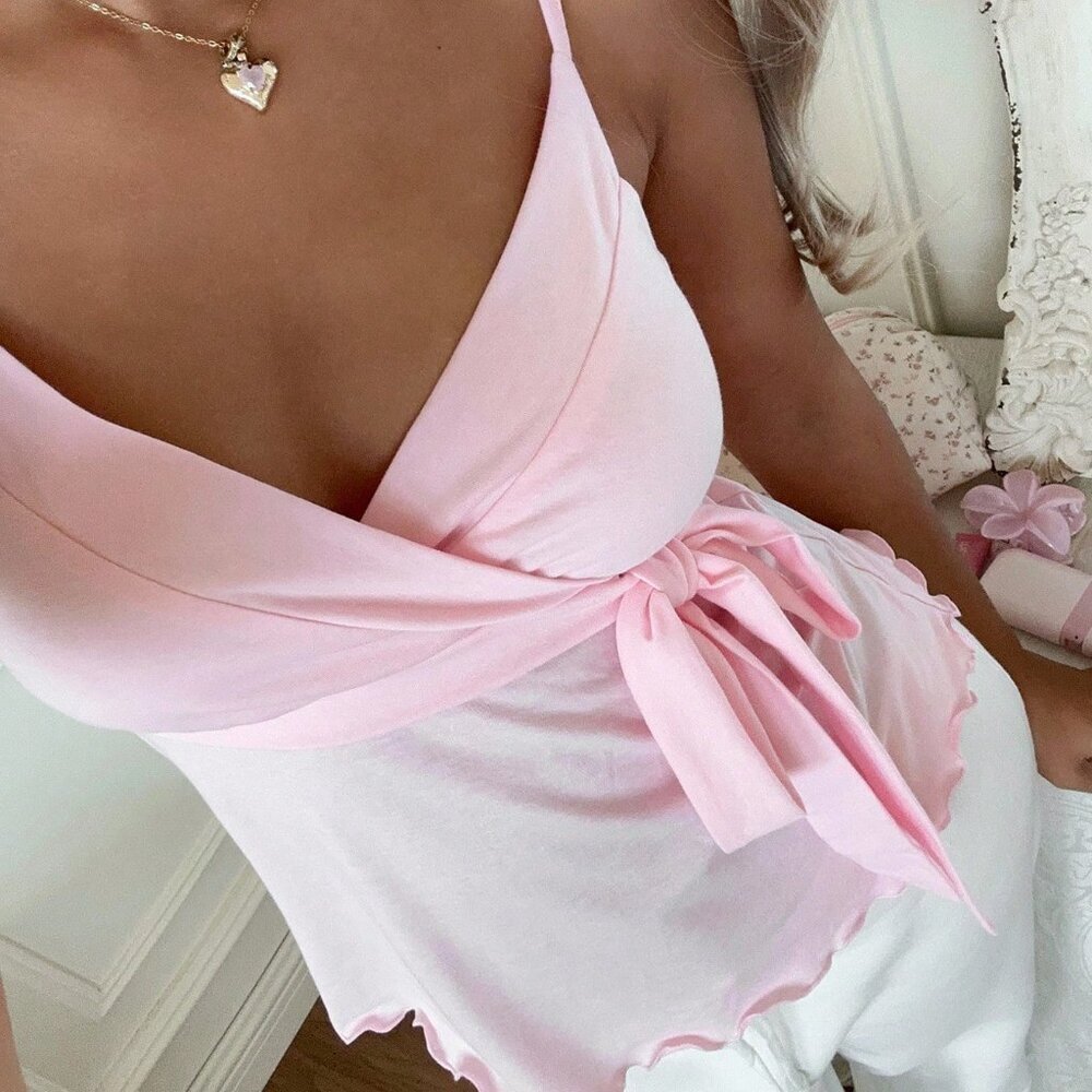 Pink Casual Side Tie-Up Knot Ruffle Women's Camisole Top - Picture 4 of 4